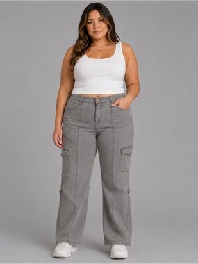 Me Jane Women’s Gray Cargo Pants Size 14 Low Rise Stretch Utility Y2K Wide Leg